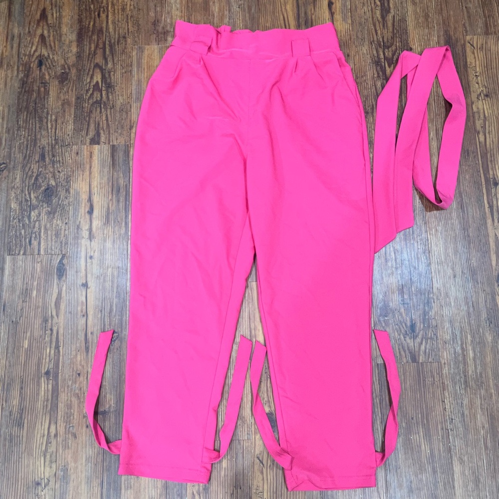 High-Waisted Cropped Pencil Pants with Bow Knots and Ribbon Belt